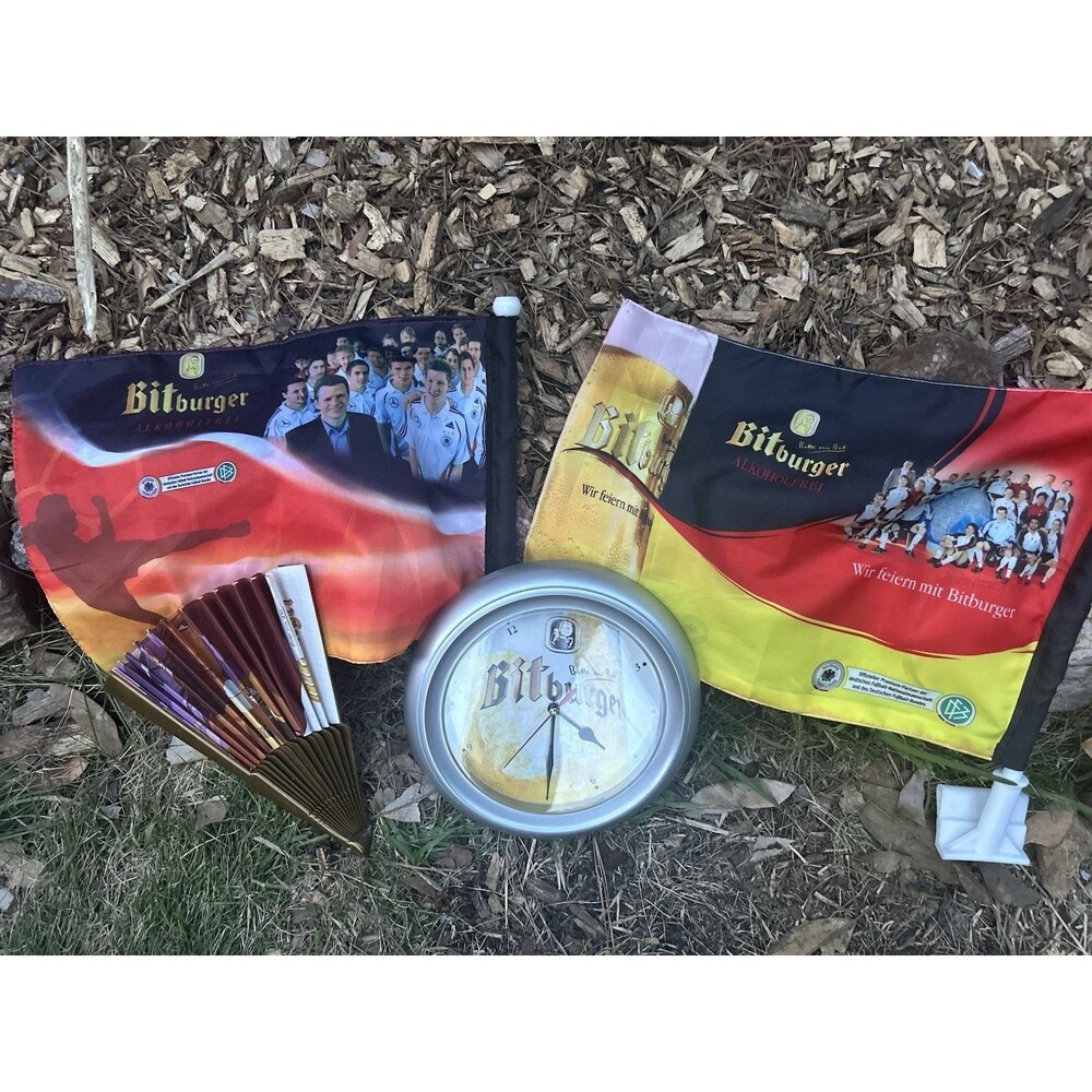 German Brewery Bitburger Bundle 2X Car Window Flags Wall Clock Hand Fan